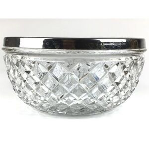 Elegant Vintage 1960s cut crystal boho chic Glass Bowl with Silver plated Rim